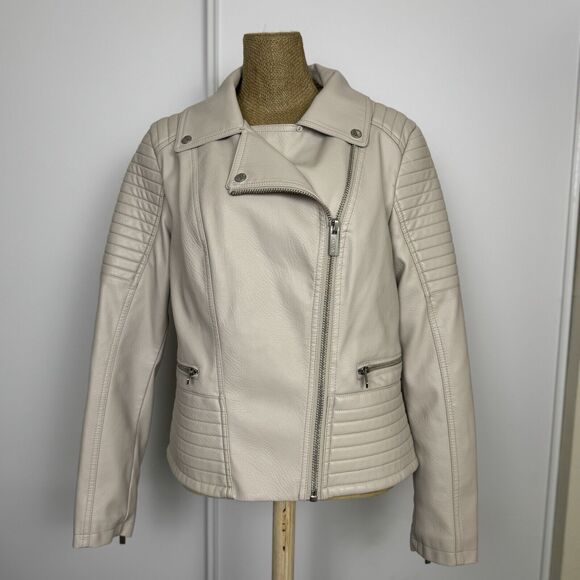 Women's GUESS Faux Leather Asymmetrical Moto Jacket Size M Cream‎ Ivory - Picture 4 of 16